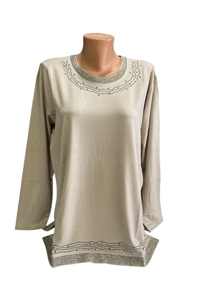 BURSPA Γυναικεία χτενισμένη βαμβακερή μπλούζα με κέντημα με πέτρα με μαργαριτάρια