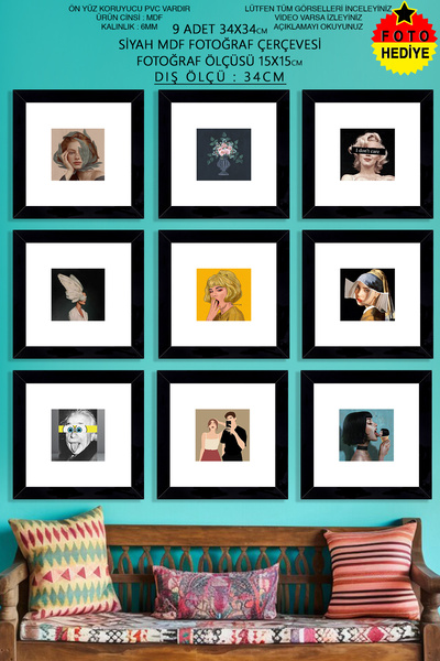 bymat 9 Adet 34x34 cm Siyah Fotoğraf Çerçevesi - 15x15 Foto Hediye - Mdf Çerç...