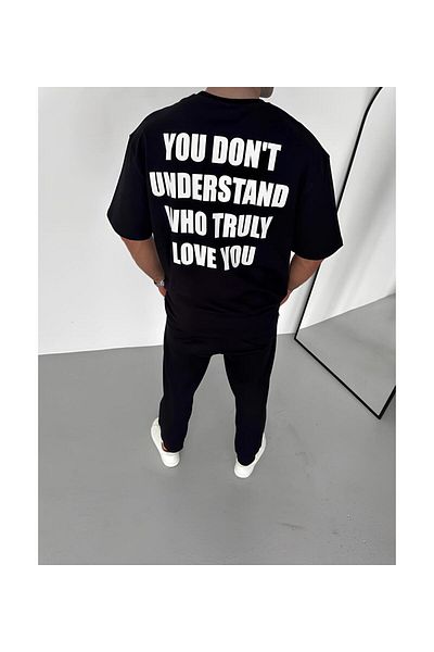 Tarz Cool Μπλουζάκι Unisex Crew Neck Μπροστινό Πίσω Μαύρο μπλουζάκι με στάμπα Oversize