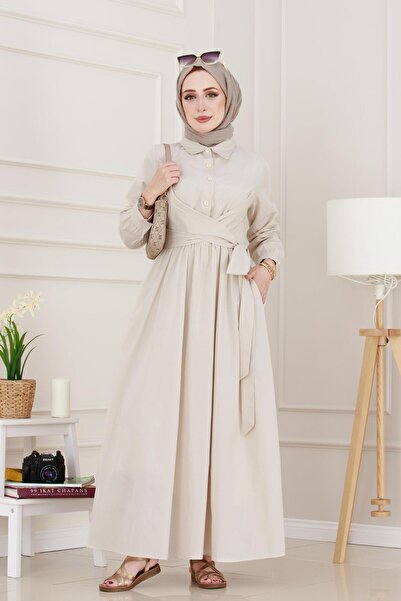 Sevitli Φόρεμα Mina με λουράκια στη μέση-Μπεζ