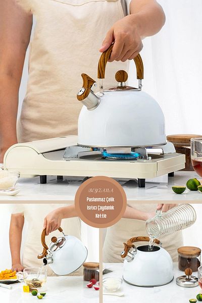 BEYZANA Stainless Steel Whistle Water Heater 3 Liter Kettle Whistle Teapot Heat Resistant Teapot White