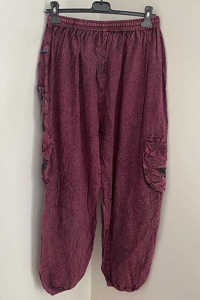 AYASOFYA OTANTIK Unisex Nepalese Burgundy Ethnic Loose Hippie Bohemian Trousers with Elastic Waist and Legs and Cargo Pockets