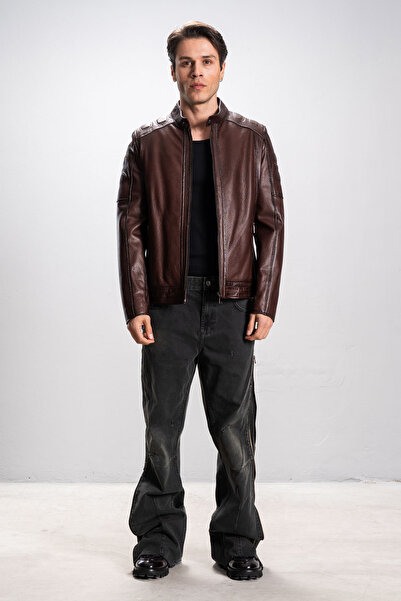 Dericlub DERİCLUB Keigo Erkek Dik Yaka El Yapımı Motorcu Gerçek Deri Mont KAH...