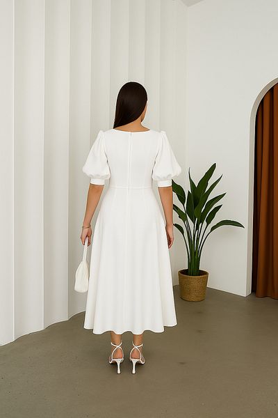 Deafox White Imported Crepe Fabric Watermelon Sleeve Back Zipper Midi Length Dress