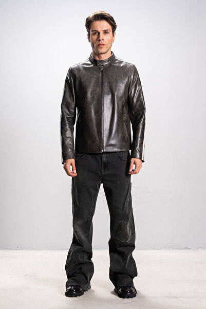 Dericlub DERİCLUB Madrid Erkek Dik Yaka Kol Bantlı Gerçek Deri Spor Mont BEJ