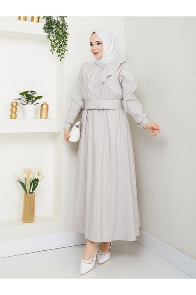 MODAMERSİ Women's Stone Front Ruffled Balloon Sleeve Shirt Skirt Double Set