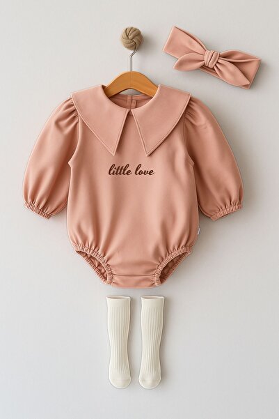 Minytrendy Kız Bebek Little Love Üçgen Yaka Bandanalı Balon Kol Bayramlık Rom...