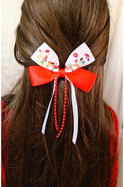 Lissa Aksesuar 23 أبريل يوم الطفل القوس المزدوج مشبك اللؤلؤ الأحمر التفصيلي