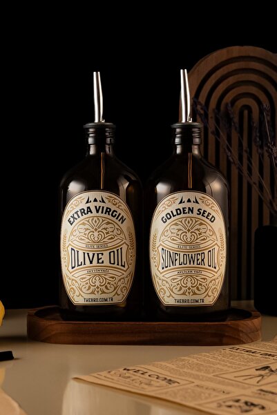 TheBRo 500ML Ahşap Stantlı Amber Renkli Elite Serisi Zeytinyağı Şişesi ve Ayç...