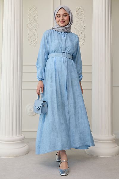 InStyle Πουκάμισο γιακά Ζώνη Απλό Baby Blue Φόρεμα
