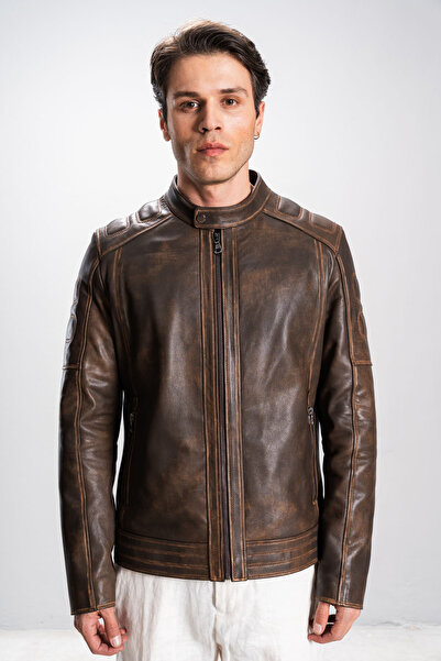 Dericlub DERİCLUB Keigo Erkek Dik Yaka El Yapımı Motorcu Gerçek Deri Mont TABA