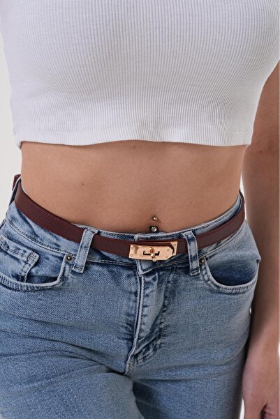 Descoin Curea cusută cu cataramă de blocare auriu Burgundy. Curea pentru feme...