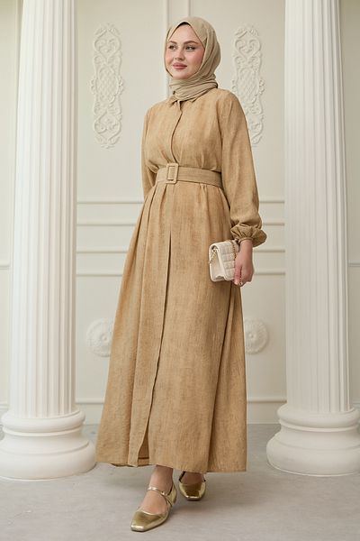 InStyle Πουκάμισο γιακά Ζώνη ίσιο φόρεμα Camel