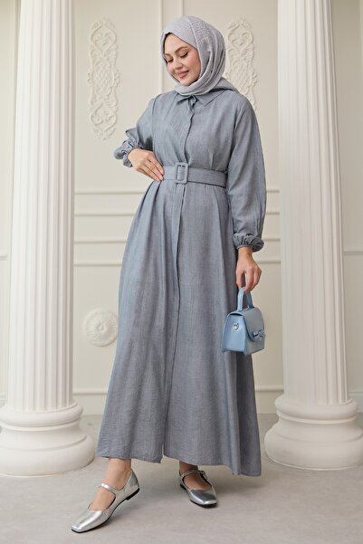 InStyle Shirt Collar Belted Plain Gray Dress