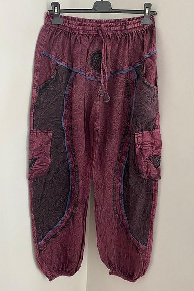 AYASOFYA OTANTIK Unisex Nepalese Burgundy Ethnic Loose Hippie Bohemian Trousers with Elastic Waist and Legs and Cargo Pockets