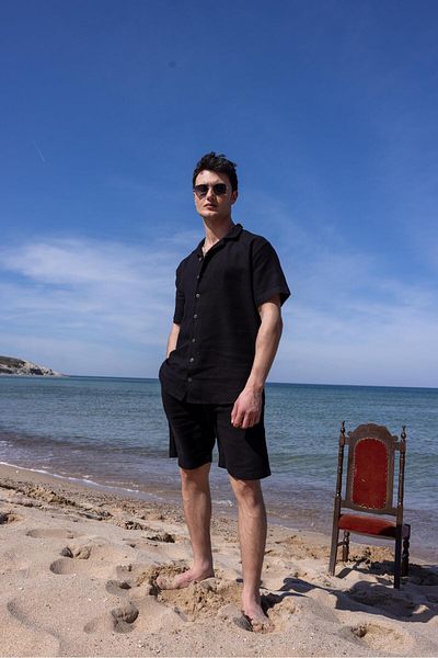 Pobudo Black Color Men's Linen Set: Shirt and Shorts