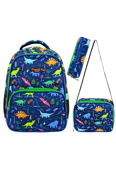Kingston Hill Geantă pentru școală primară cu licență de dinozaur - set de 3 (geantă + nutriție termică + suport pentru stilouri)