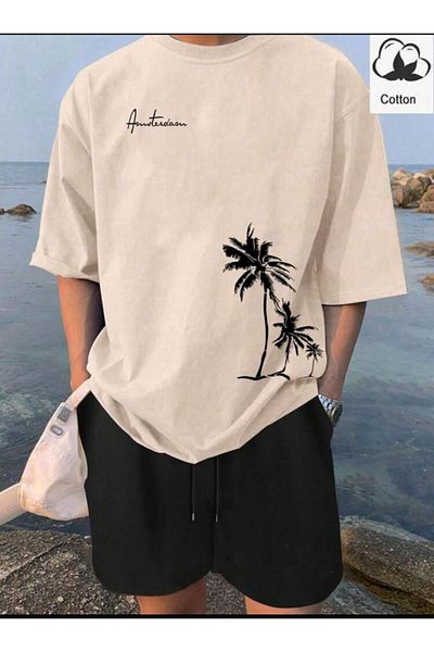 SELENA BUTİK Unisex Amsterdam Beige T-Shirt Black Shorts Top Bottom 2 Piece Set
