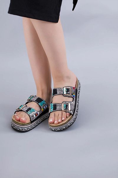 Guja Women's Thick Sole Straw Patterned Stone Double Buckle Slippers