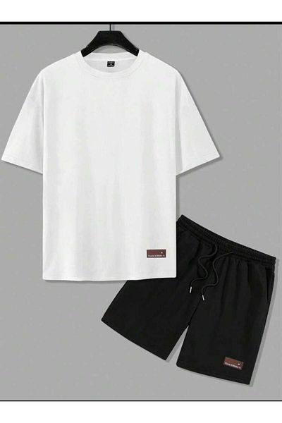 SELENA BUTİK Unisex White T-Shirt Black Shorts Top Bottom 2 Piece Set