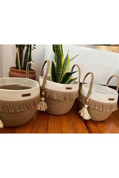 Bohemahomedecor Тройна плетена кошница от юта, органайзер за саксии за цветя, многофункционална кошница