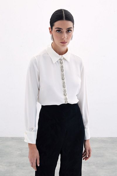 Sateen قميص مع إكسسوارات مخططة - إكرو