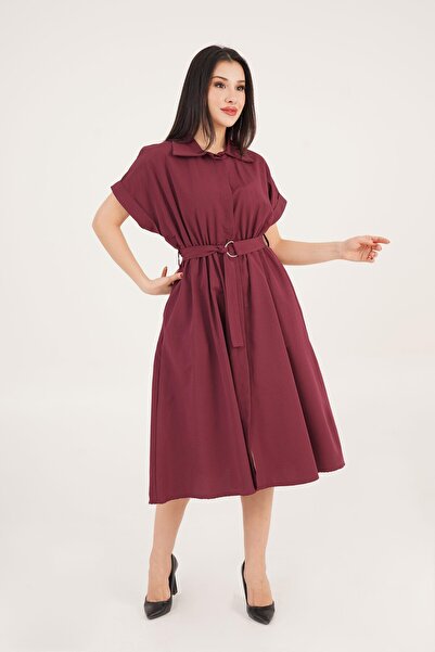 Hipo Trend Rochie prune cu guler polo cu nasturi ascunși cu curea