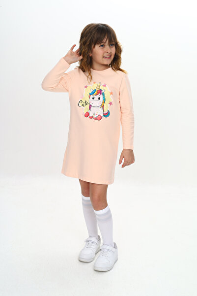 Sevimli Kız Çocuk Elbise Unicorn Baskılı Uzun Kollu