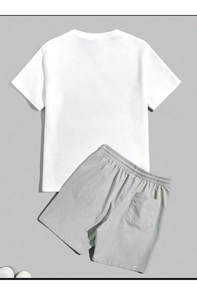 SELENA BUTİK Unisex White T-Shirt Gray Shorts Top Bottom 2 Piece Set