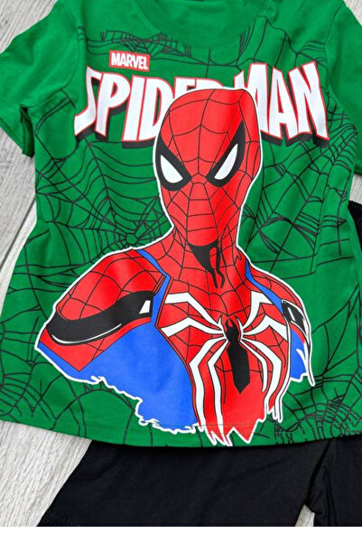 SPIDERMAN Printed Green T-Shirt and Black Shorts Summer Kids Set
