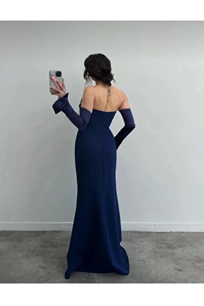 zoezoe SATEN DÜĞMELİ TAKMA KOLLU DRAPELİ STRAPLEZ YAKA UZUN DÜĞÜN DAVET/BALO/MEZUNİYET/NİŞAN ELBİSESİ