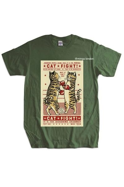 weywot Cat Fight Khaki Color Front Printed Oversize T-Shirt