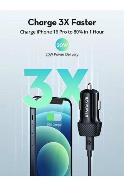 RavPower Bundle - 20W 20000mAh Power Bank, Car Charger and Cable