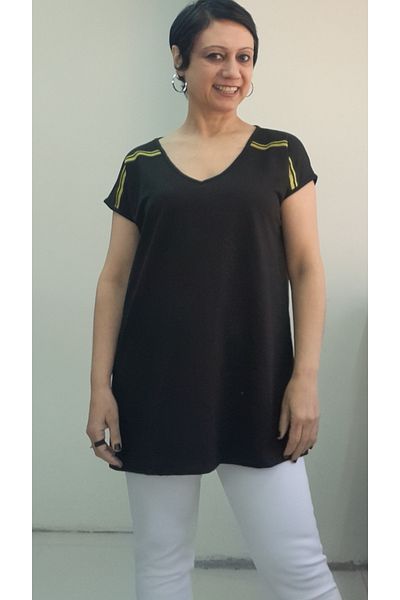Mertcan Butik Black V-Neck Yellow Black Stripe Detailed Low Arm Combed Viscose T-Shirt