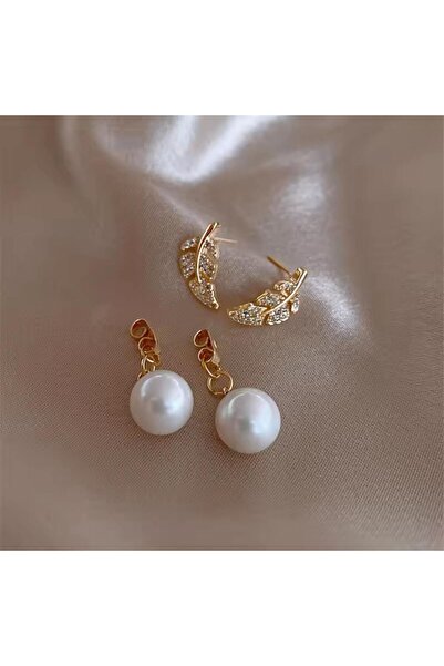 toptanhanem Altın Renkli Yaprak Figürlü İnci Sallantılı Küpe Antialerjik Çelik Küpe Modeli