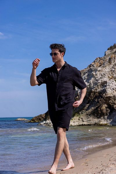 Pobudo Linen Fabric Black Color Pocket Detailed Shirt Shorts Men's Set