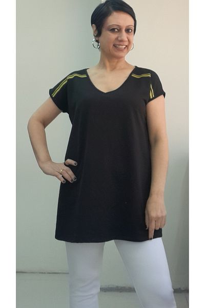 Mertcan Butik Black V-Neck Yellow Black Stripe Detailed Low Arm Combed Viscose T-Shirt