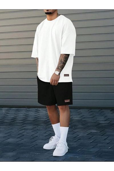SELENA BUTİK Unisex White T-Shirt Black Shorts Top Bottom 2 Piece Set