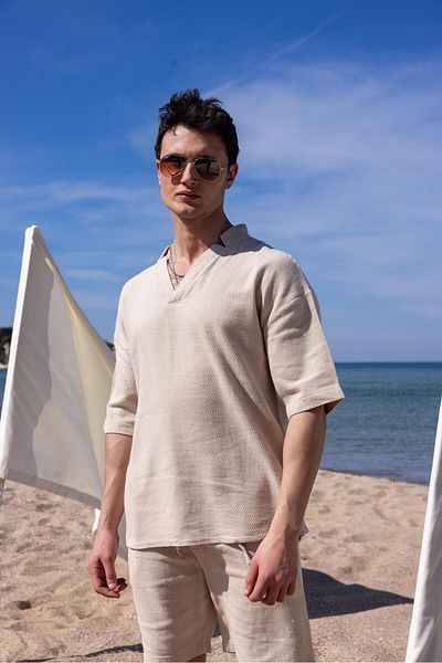 Pobudo Beige Color V-Neck Shirt Shorts Men's Washed Linen Set