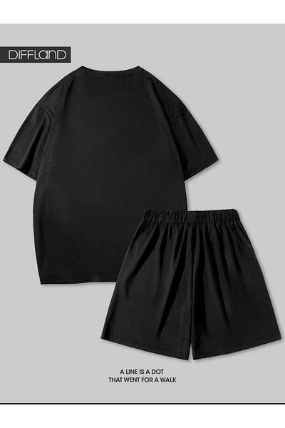 SELENA BUTİK Unisex Block Black T-Shirt Black Shorts Top Bottom 2 Piece Set