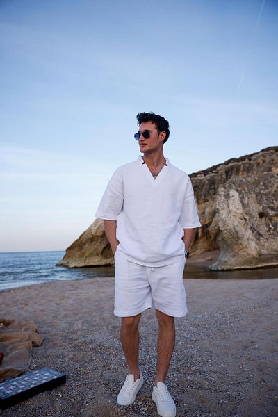Pobudo White Color V-Neck Shirt Shorts Men's Washed Linen Set