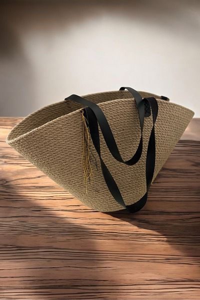 Bohemahomedecor Μαύρη δερμάτινη λαβή Ψάθινη τσάντα ώμου από γιούτα καθημερινή παραλία