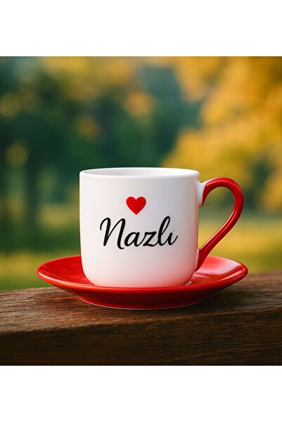 Bk Gift Kişiye Özel İsimli Kırmızı Kulplu Kahve Fincanı