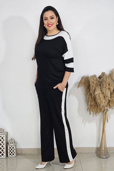 xlargebutik Plus Size Clothing Black and White Pocket Loose Leg Suit