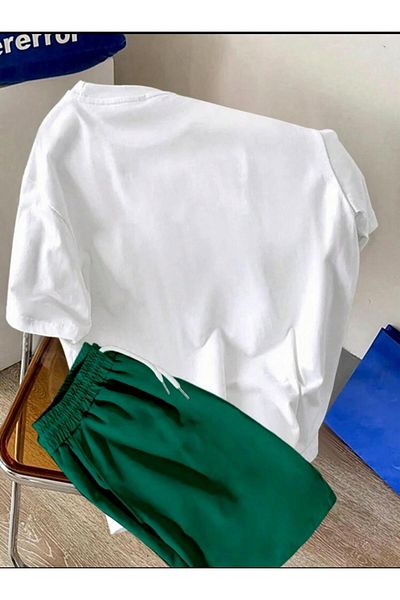 SELENA BUTİK Unisex Nyc White T-Shirt Green Shorts Top Bottom 2 Piece Set