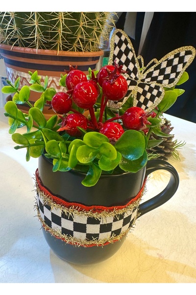 Marrone Kokinalı Kupa Bardak Vazo Damalı Kurdele Kelebek