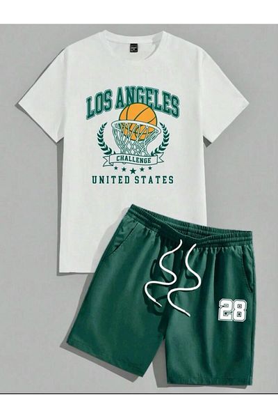 SELENA BUTİK Unisex United White T-Shirt Green Shorts Top Bottom 2 Piece Set