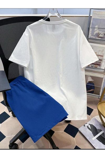 SELENA BUTİK Unisex Deer White T-Shirt Blue Shorts Top Bottom 2 Piece Set