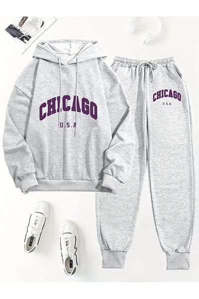 Minikelya Chicago Letter Printed Set - Comfortable Long Sleeve Hooded Two Pieces