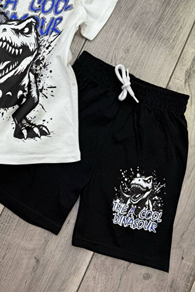 eQru Store Dinosaur Print White T-Shirt and Black Shorts Summer Kids Set